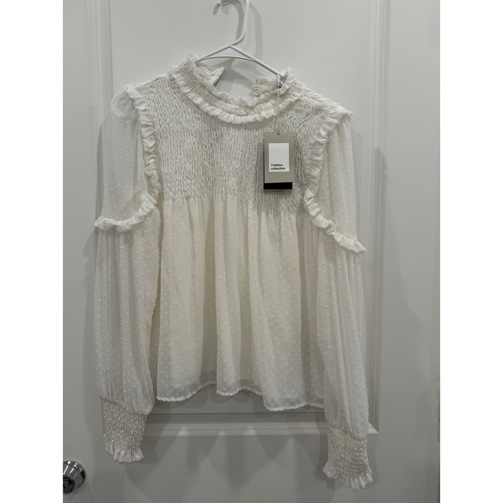 Zara Trafaluc White Swiss Dot Smocked Ruffle High Neck Blouse Medium NWT